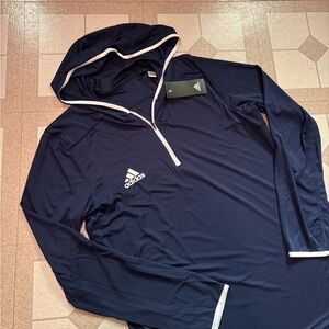 NEW adidas Navy Hooded Quarter-Zip Pullover with White Accents